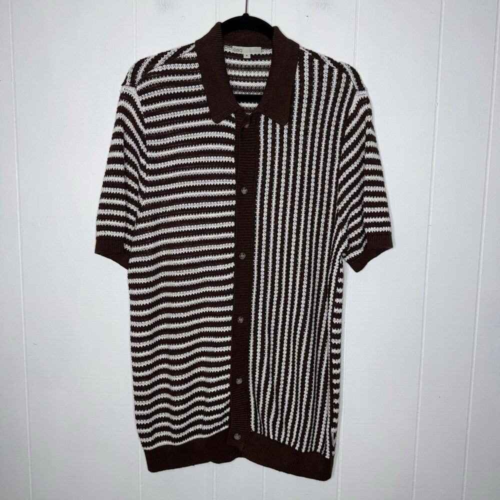 ONIA Men’s Linen Knit Button Up Shirt Brown Striped Size Medium